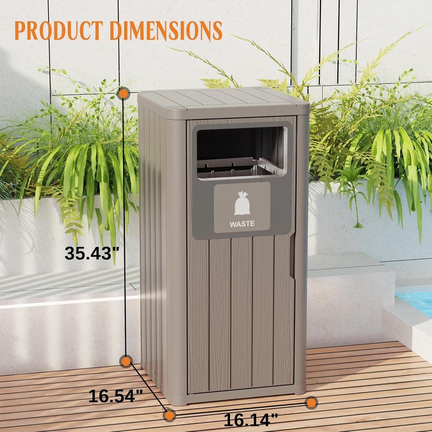 Waterproof Resin Garbage Can with Garbage Labels, Durable Waste Bin for Porch, Backyard, Kitchen, for 30 to 39 Gallon Trash Bags