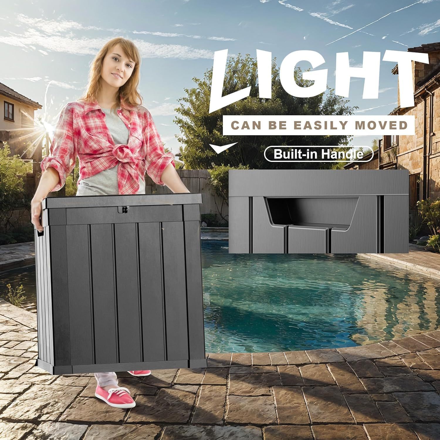 51 Gallon Resin Deck Box, Lockable Patio Outdoor Storage Box for Furniture, Garden Tools and Tools Storage, Waterproof Outside Storage Boxes