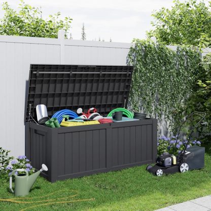 120 Gallon Resin Deck Box, Lockable Patio Outdoor Storage Box for Furniture, Garden Tools and Tools Storage, Waterproof Outside Storage Boxes