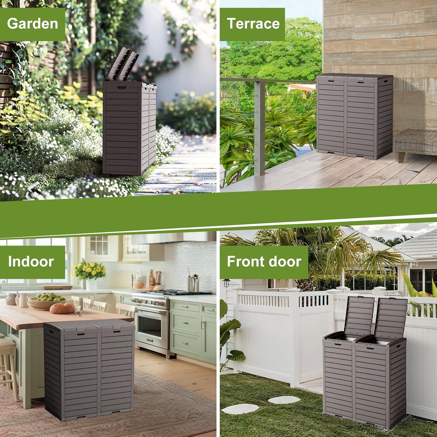 62 Gallon Outdoor Double Trash Can, Waterproof Trash Can Cabinet for Outside, Resin Garbage Bin with Lid and Drip Tray for Easy Cleaning for Patios