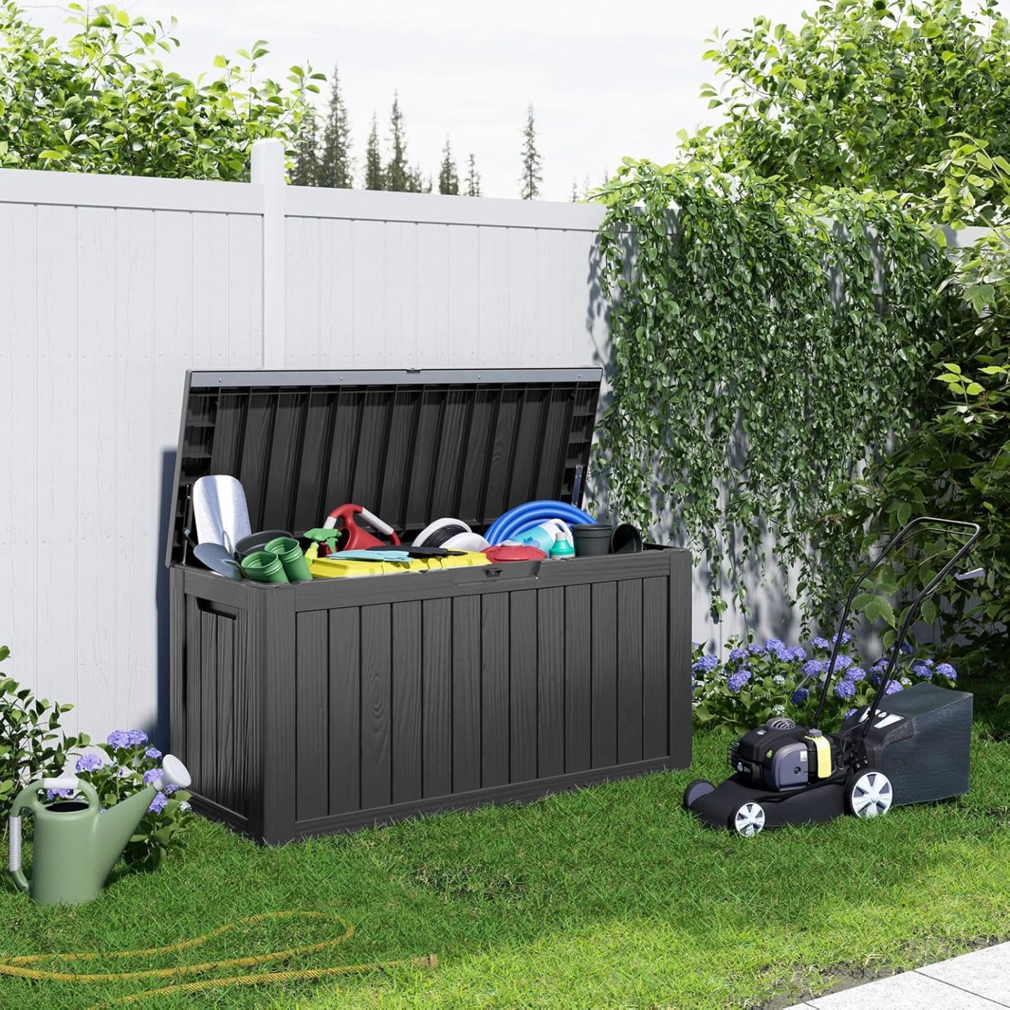 90 Gallon Resin Deck Box, Lockable Patio Outdoor Storage Box for Furniture, Garden Tools and Tools Storage, Waterproof Outside Storage Boxes