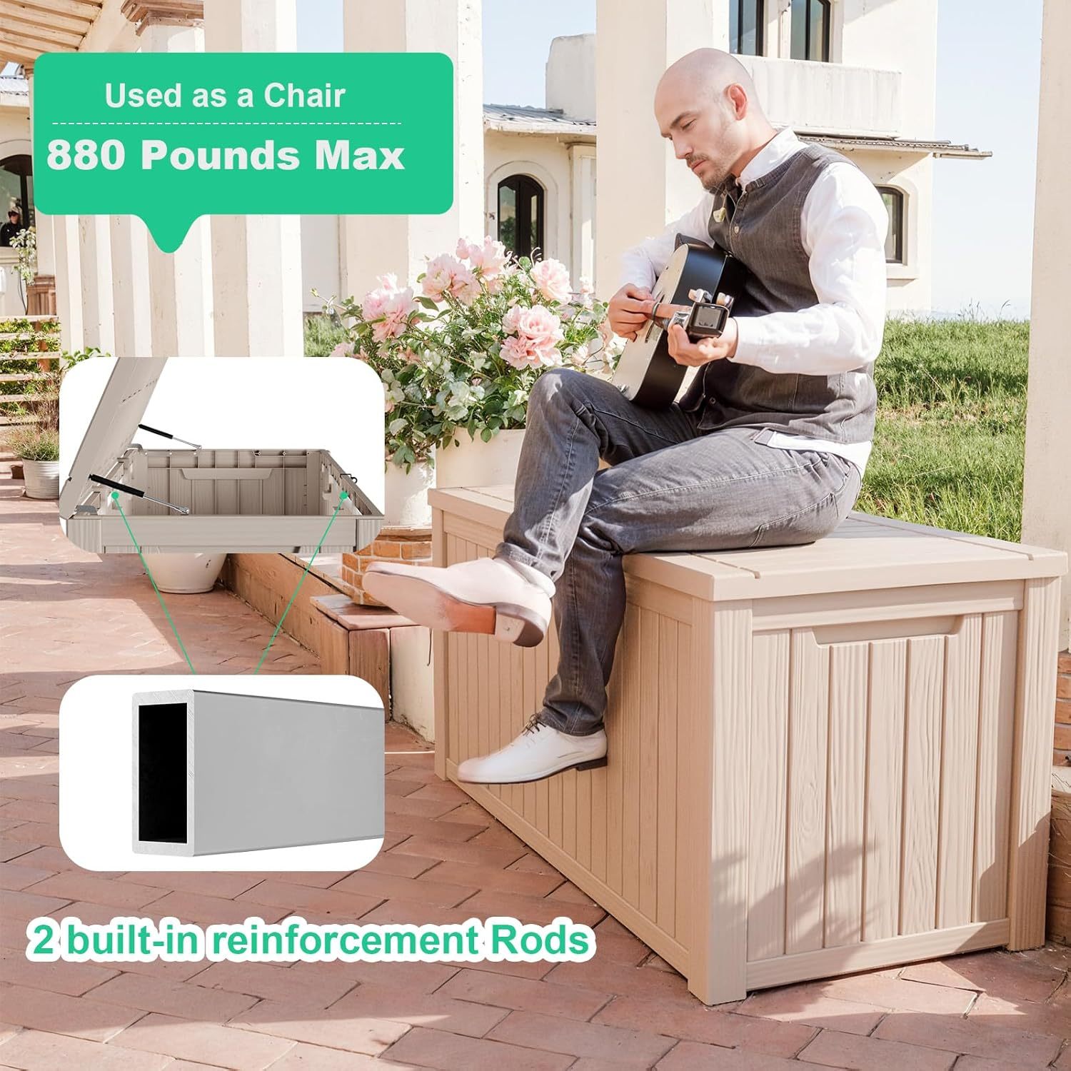 200 Gallon Resin Deck Box, Lockable Patio Outdoor Storage Box for Furniture, Garden Tools and Tools Storage, Waterproof Outside Storage Boxes