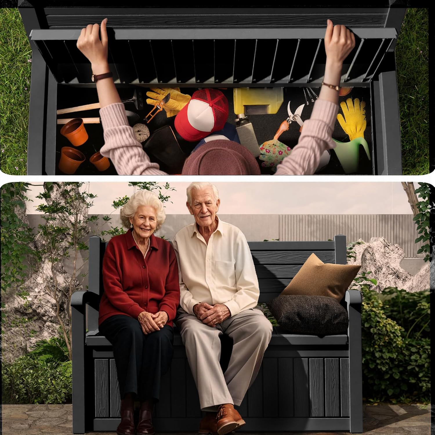 80 Gallon Outdoor Storage Bench Deck Box Waterproof Lockable, Outdoor Storage Furniture for Patio, Garden and Porch, Tools and Cushions