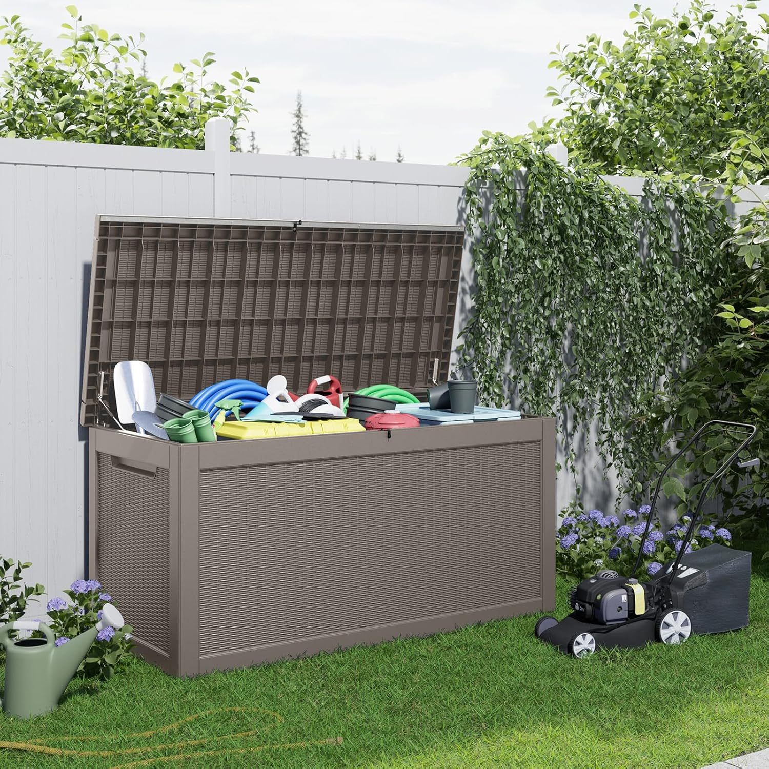 320 Gallon Resin Deck Box, Lockable Patio Outdoor Storage Box for Furniture, Garden Tools and Tools Storage, Waterproof Outside Storage Boxes