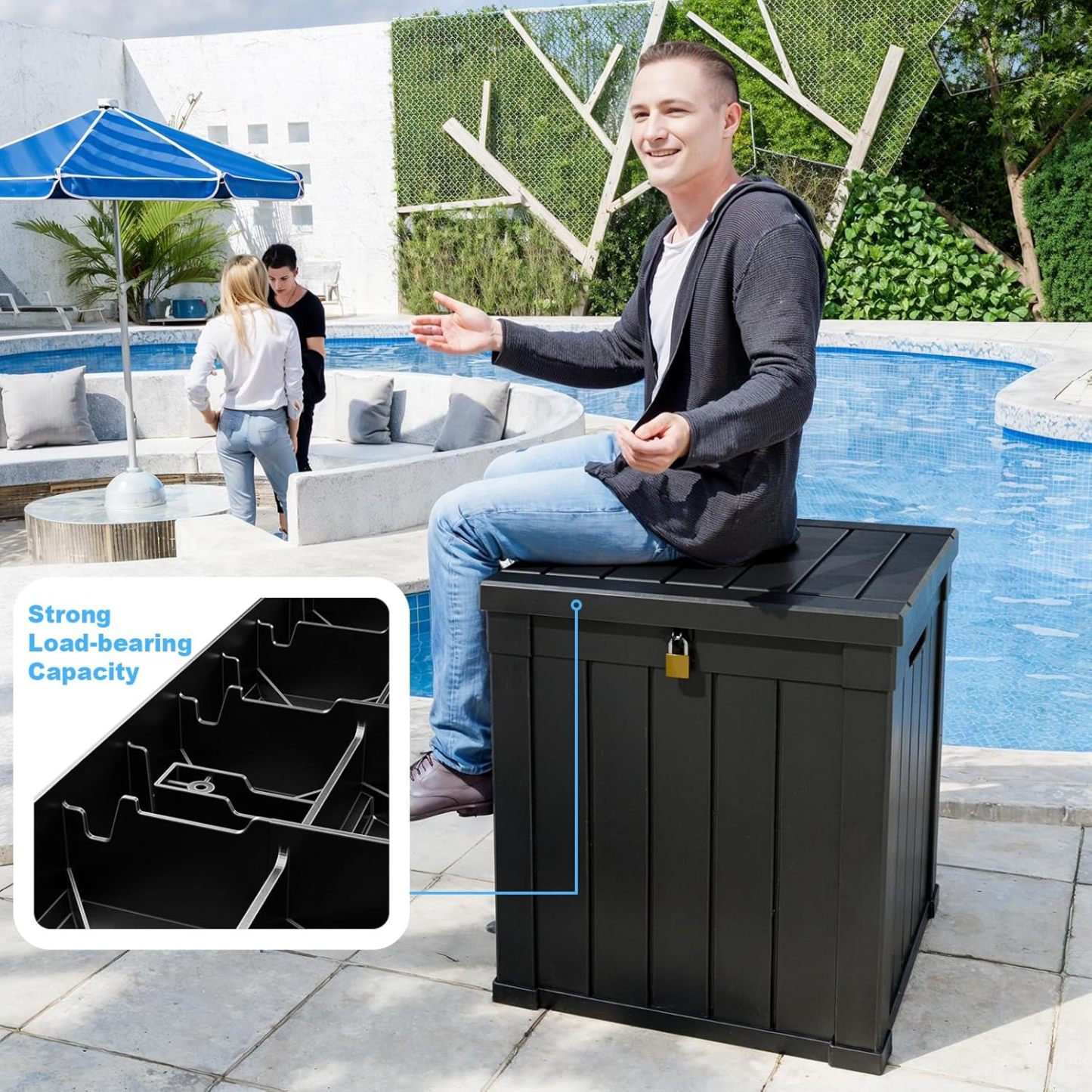 51 Gallon Resin Deck Box, Lockable Patio Outdoor Storage Box for Furniture, Garden Tools and Tools Storage, Waterproof Outside Storage Boxes