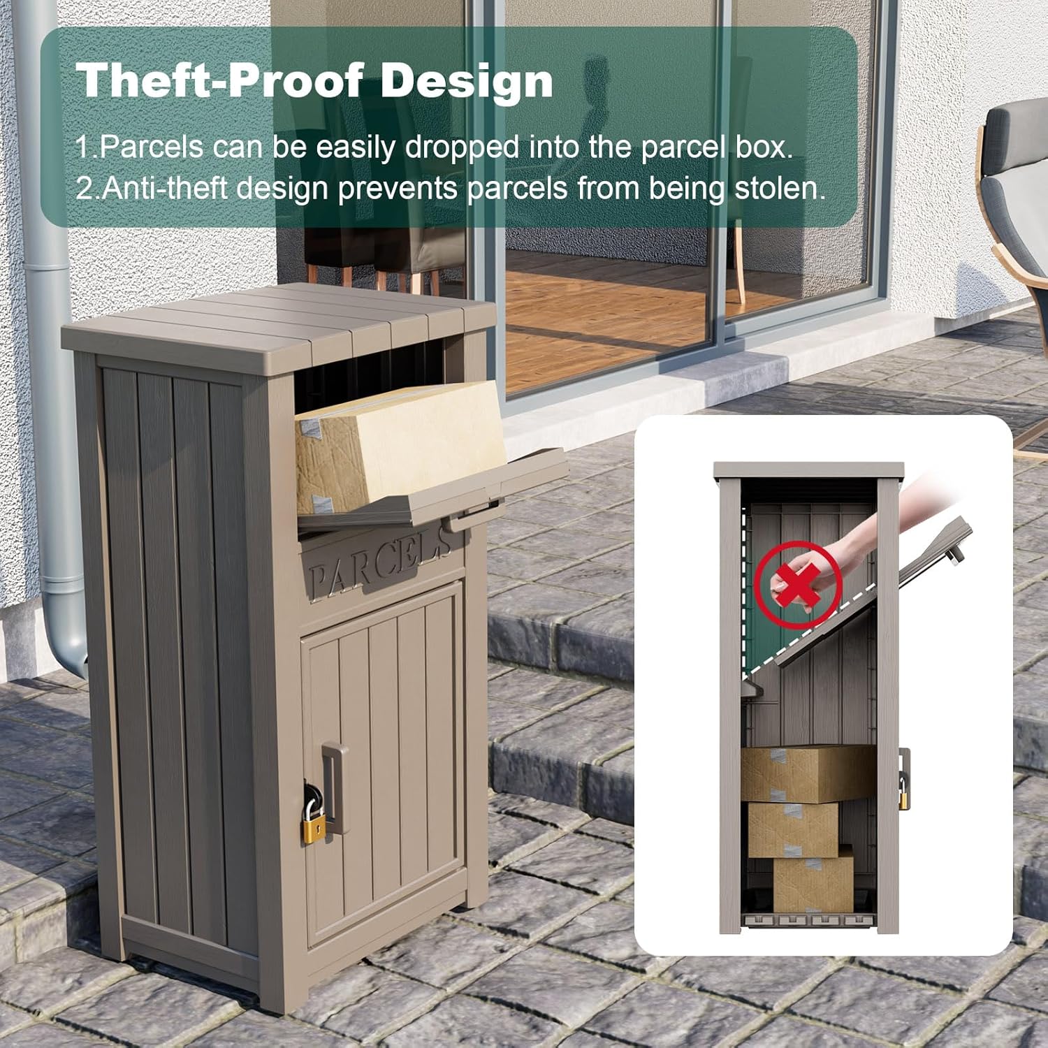 Lockable Outdoor Storage Box, Large Double -Wall Resin Package Delivery Waterproof Deck Box for Porch