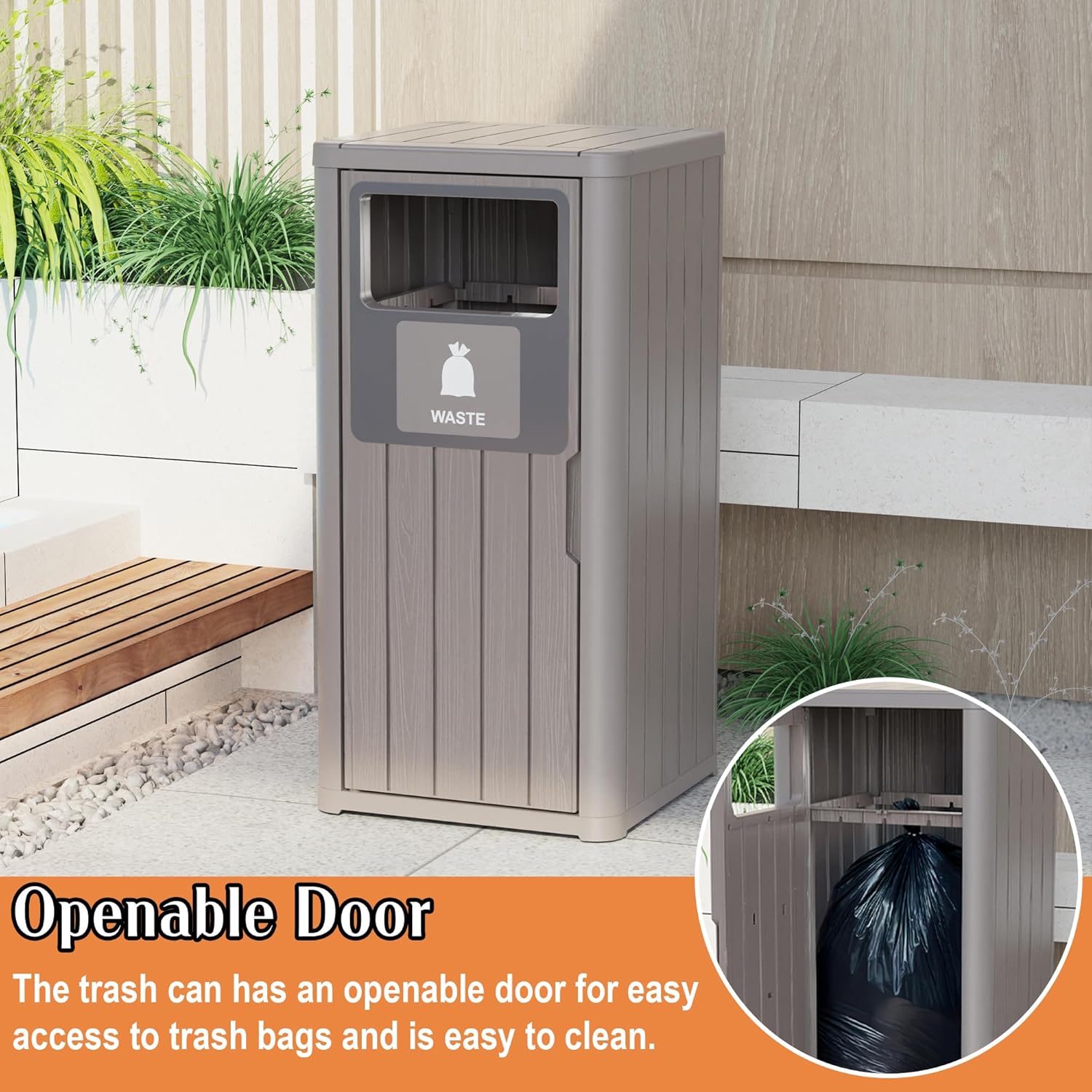 Waterproof Resin Garbage Can with Garbage Labels, Durable Waste Bin for Porch, Backyard, Kitchen, for 30 to 39 Gallon Trash Bags