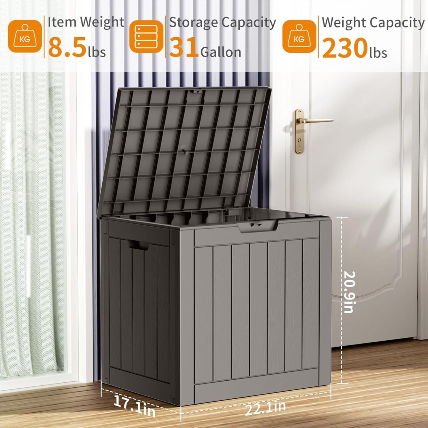 31 Gallon Resin Deck Box, Lockable Patio Outdoor Storage Box for Furniture, Garden Tools and Tools Storage, Waterproof Outside Storage Boxes