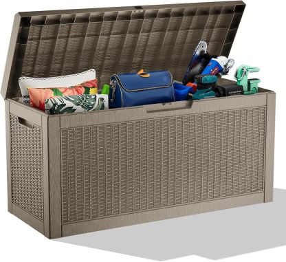 Outside Resin Deck Box Lockable for Patio Cushions Storage, Garden Tools, Pool Supplies