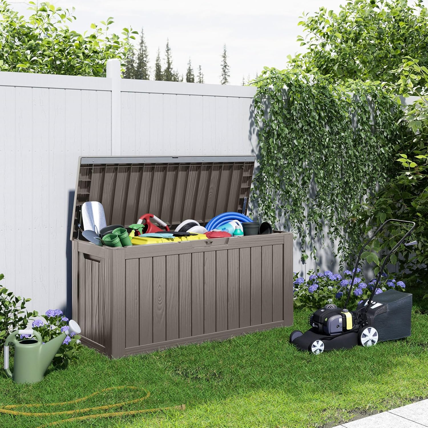 90 Gallon Resin Deck Box, Lockable Patio Outdoor Storage Box for Furniture, Garden Tools and Tools Storage, Waterproof Outside Storage Boxes