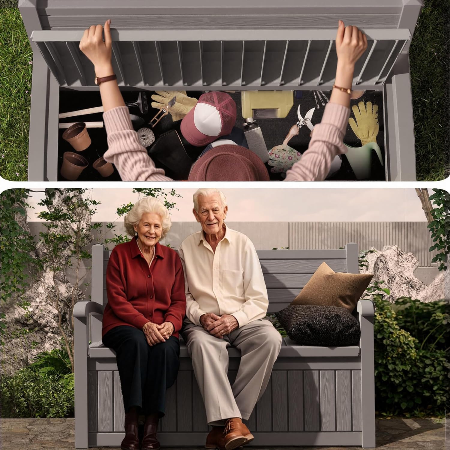 80 Gallon Outdoor Storage Bench Deck Box Waterproof Lockable, Outdoor Storage Furniture for Patio, Garden and Porch, Tools and Cushions