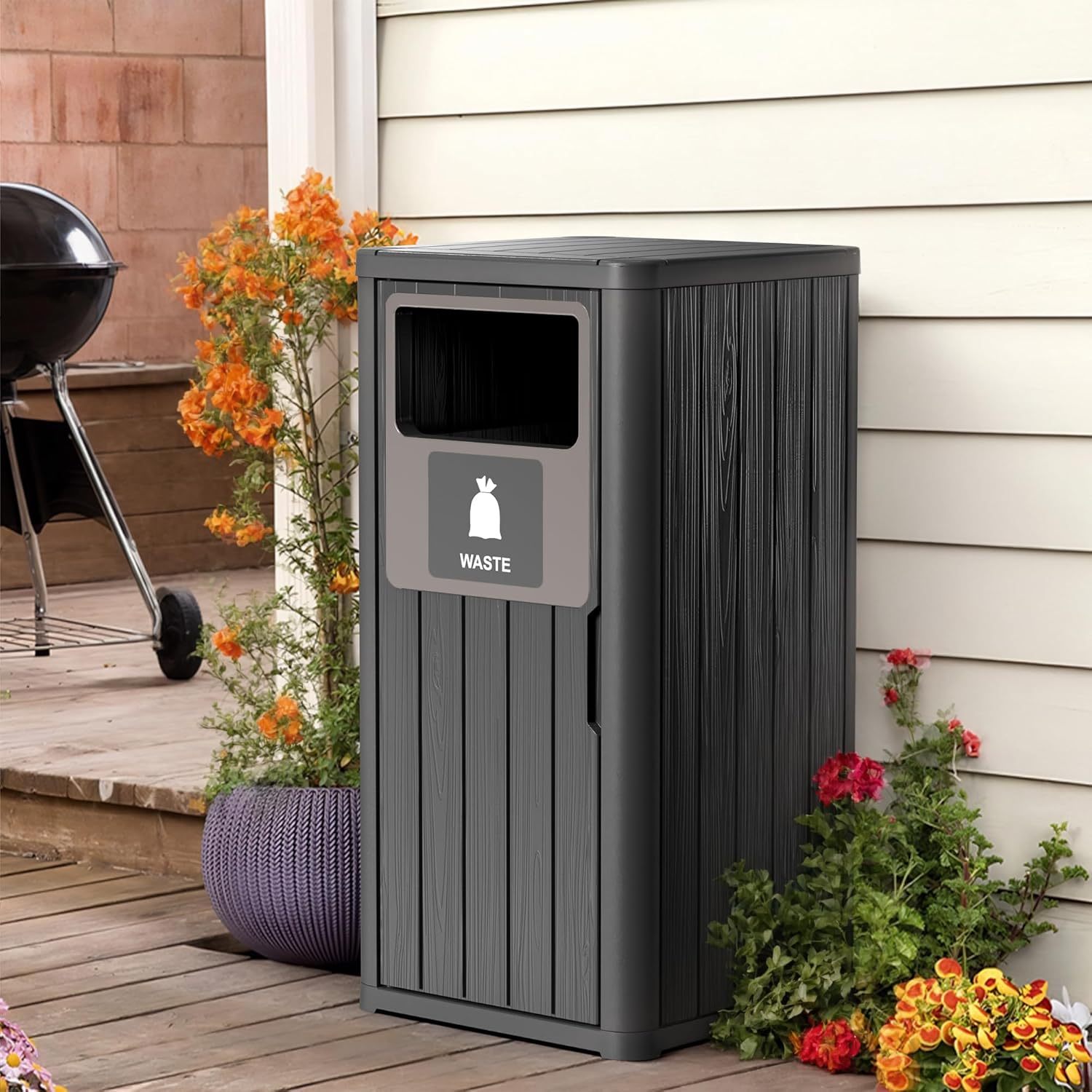 Waterproof Resin Garbage Can with Garbage Labels, Durable Waste Bin for Porch, Backyard, Kitchen, for 30 to 39 Gallon Trash Bags