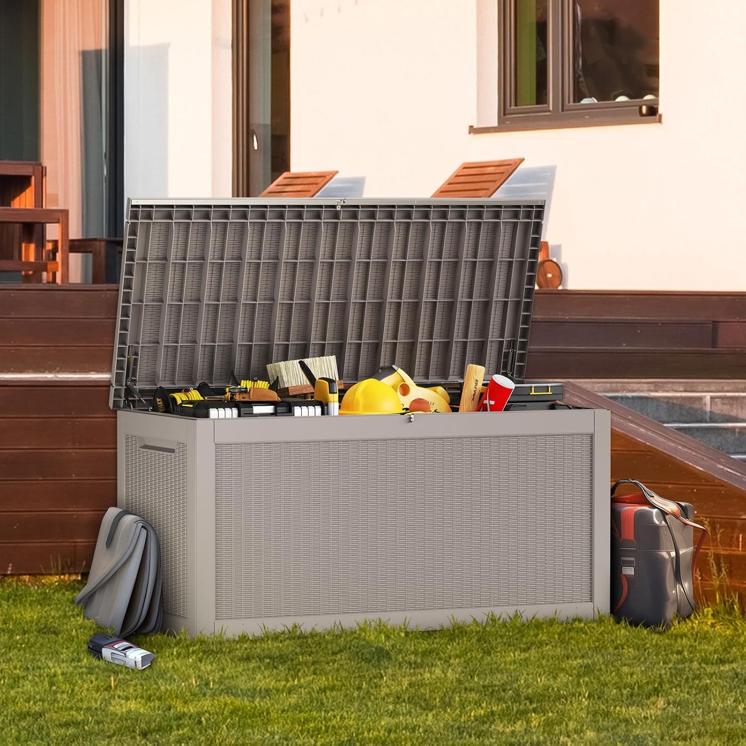 260 Gallon Resin Deck Box Outdoor Storage Box with Lockable Lid, Waterproof for Patio Cushions