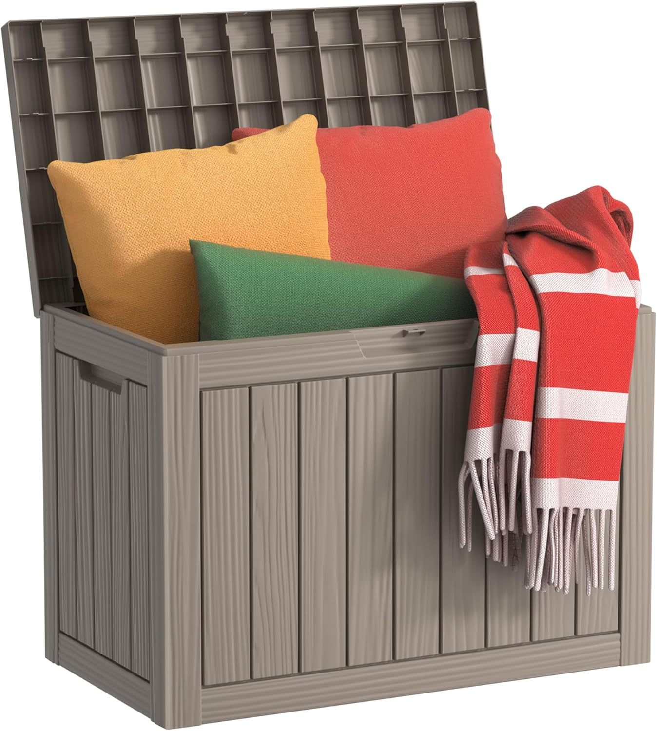 Outside Resin Deck Box Lockable for Patio Cushions Storage, Garden Tools, Pool Supplies