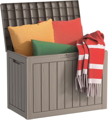 Outside Resin Deck Box Lockable for Patio Cushions Storage, Garden Tools, Pool Supplies