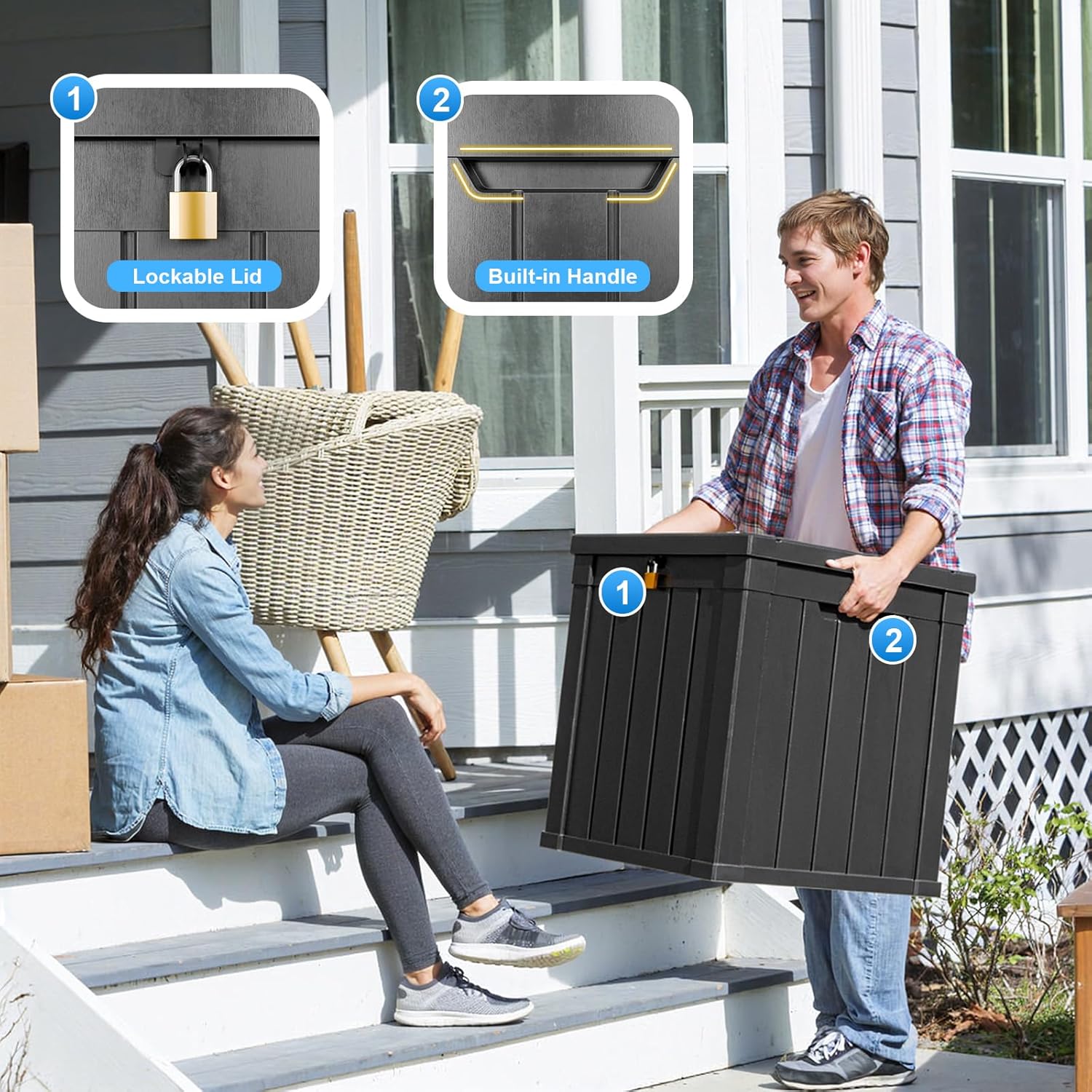 51 Gallon Resin Deck Box, Lockable Patio Outdoor Storage Box for Furniture, Garden Tools and Tools Storage, Waterproof Outside Storage Boxes