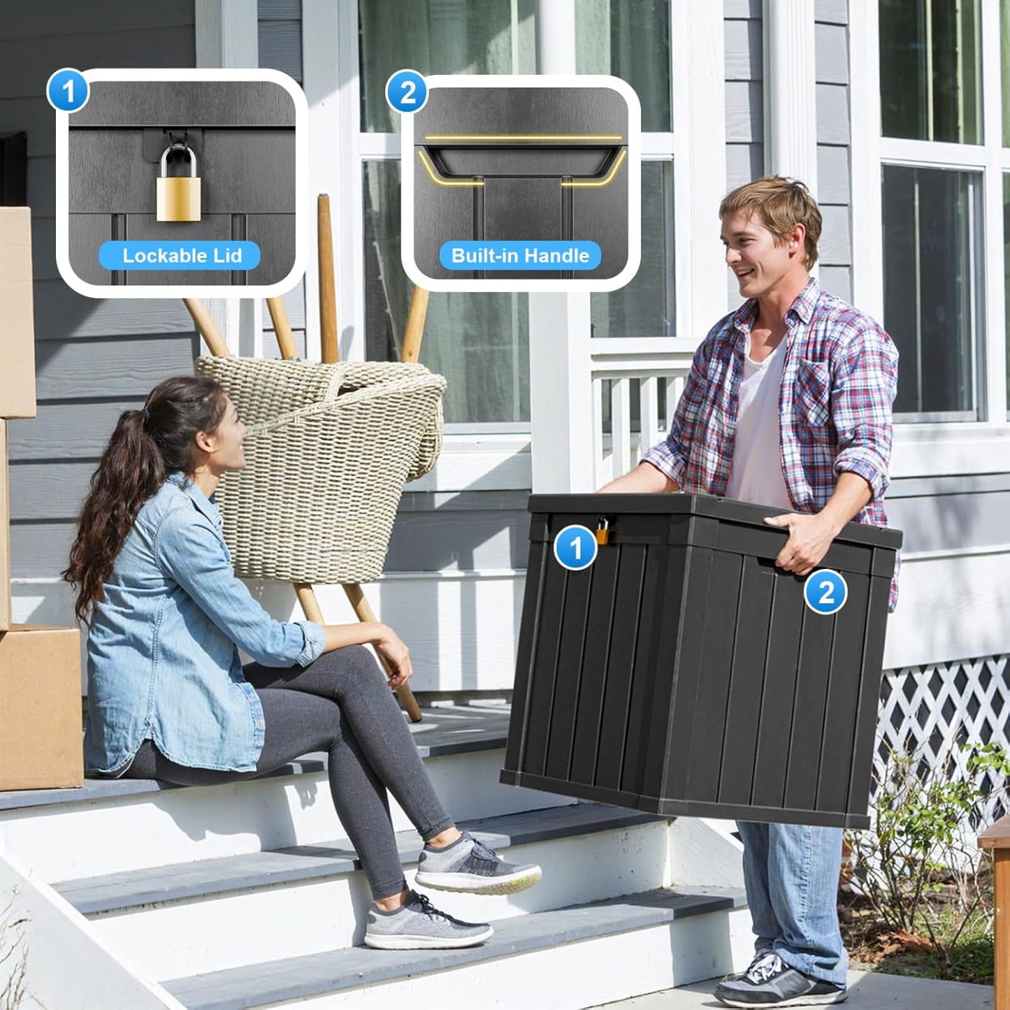 51 Gallon Resin Deck Box, Lockable Patio Outdoor Storage Box for Furniture, Garden Tools and Tools Storage, Waterproof Outside Storage Boxes