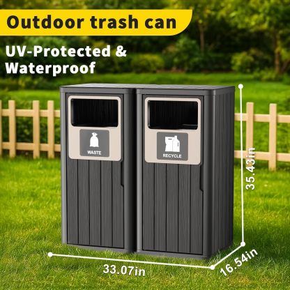 Waterproof Resin Garbage Can with Garbage Labels, Durable Waste Bin for Porch, Backyard, Kitchen, for 30 to 39 Gallon Trash Bags