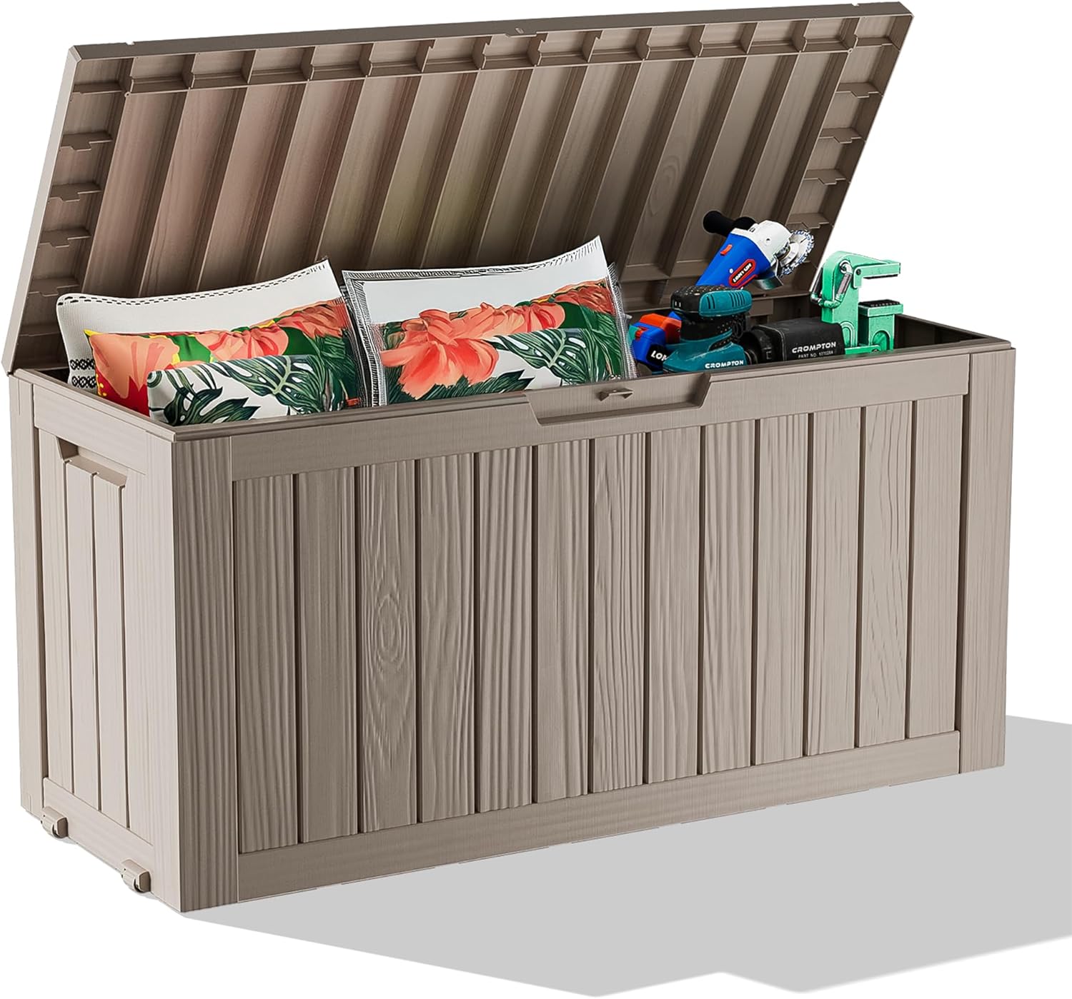 Outside Resin Deck Box Lockable for Patio Cushions Storage, Garden Tools, Pool Supplies