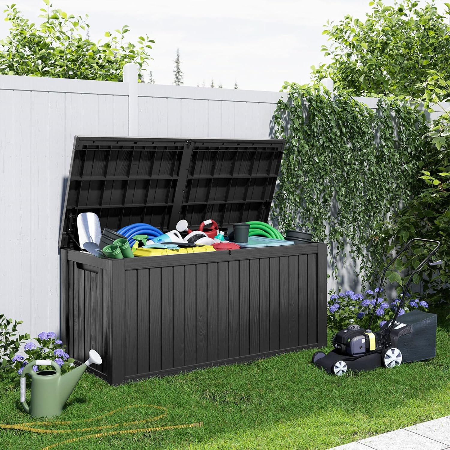 180 Gallon Resin Deck Box, Lockable Patio Outdoor Storage Box for Furniture, Garden Tools and Tools Storage, Waterproof Outside Storage Boxes