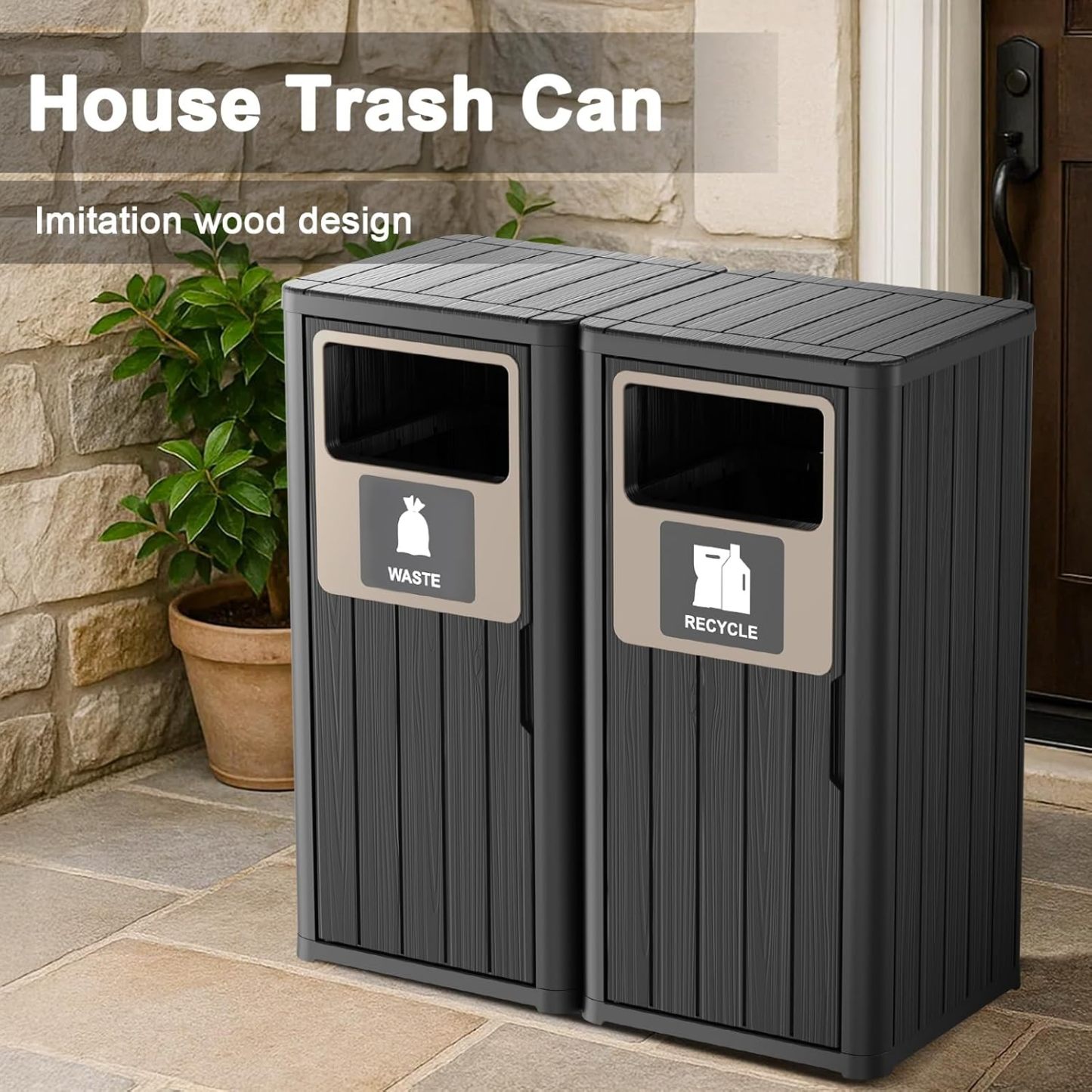 Waterproof Resin Garbage Can with Garbage Labels, Durable Waste Bin for Porch, Backyard, Kitchen, for 30 to 39 Gallon Trash Bags