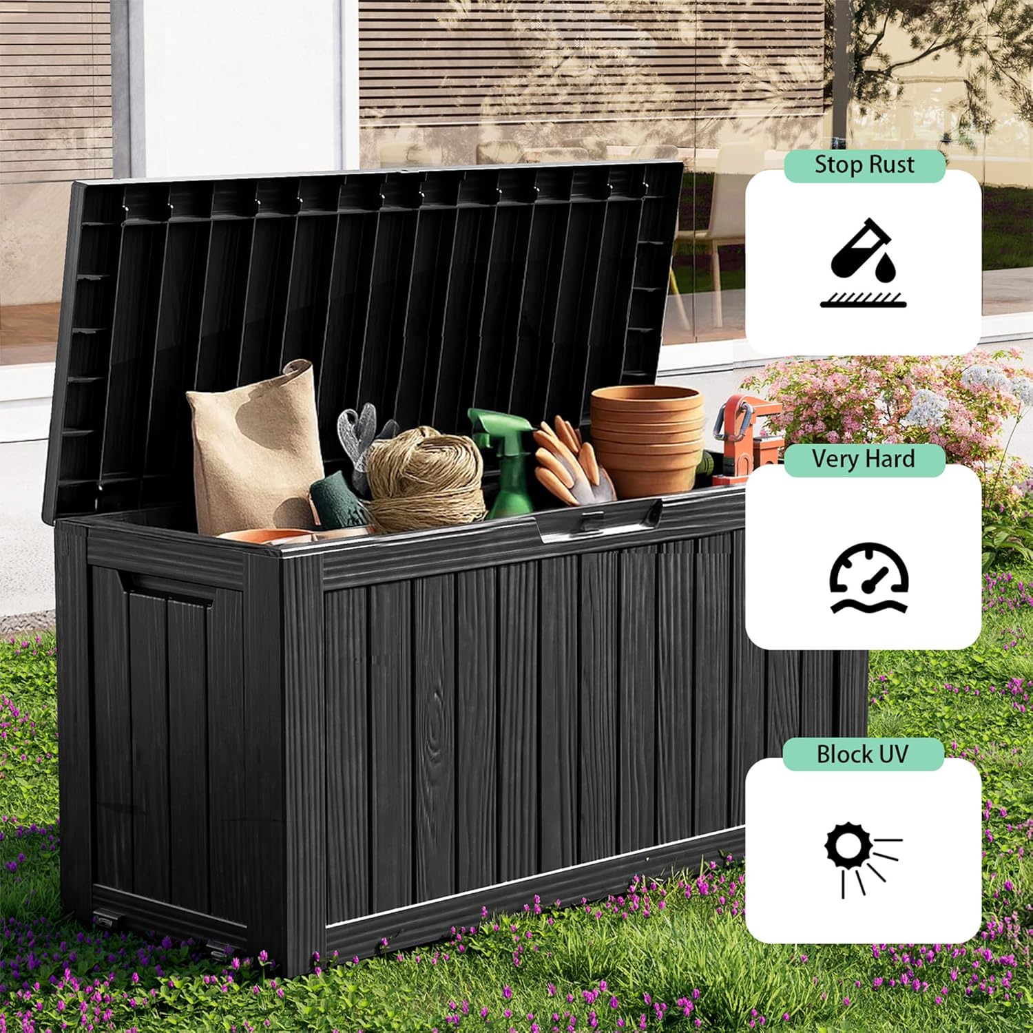 Outside Resin Deck Box Lockable for Patio Cushions Storage, Garden Tools, Pool Supplies