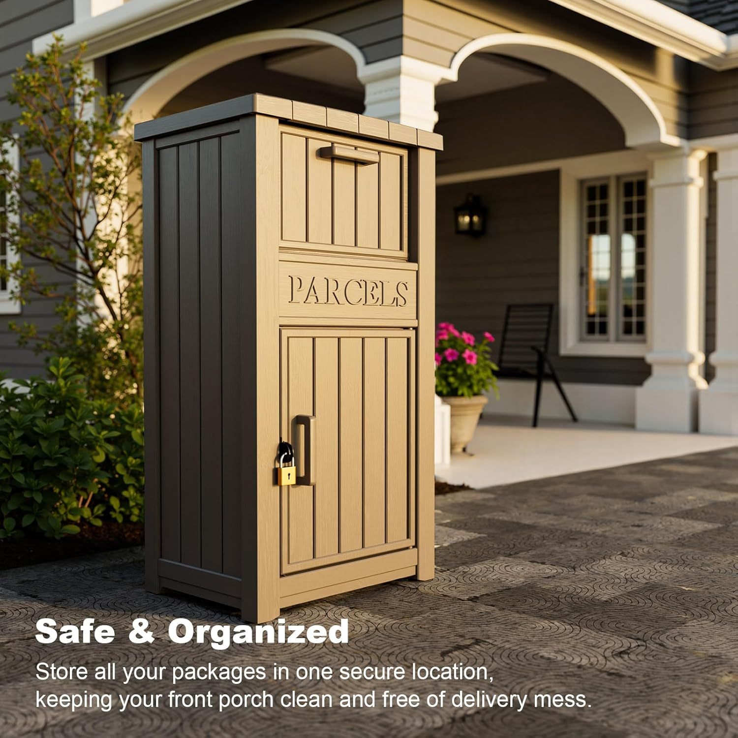 Lockable Outdoor Storage Box, Large Double -Wall Resin Package Delivery Waterproof Deck Box for Porch