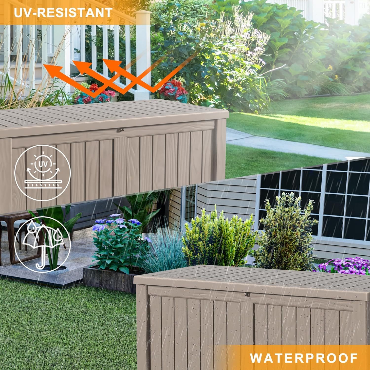 120 Gallon Resin Deck Box Outdoor Storage Box with Lockable Lid, Waterproof for Patio Cushions, Gardening Tools & Exercise Equipment