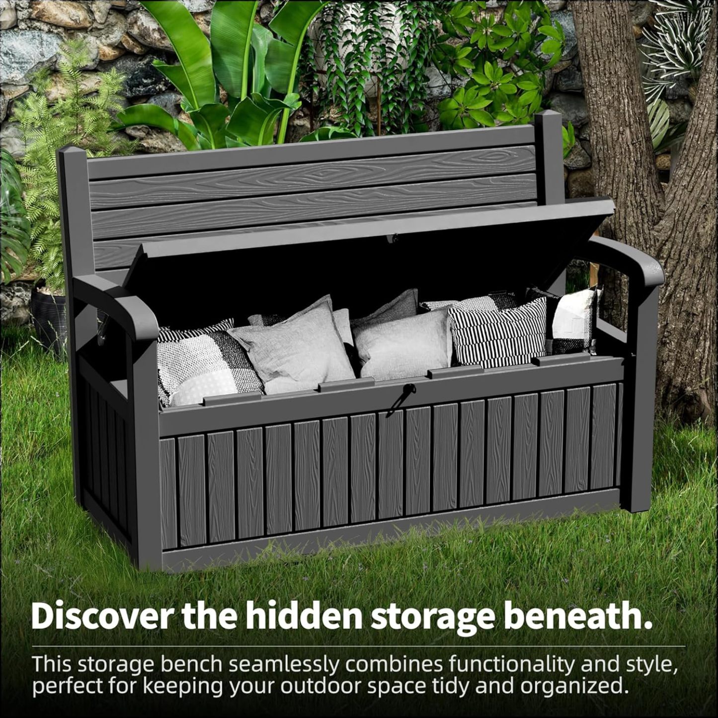 80 Gallon Outdoor Storage Bench Deck Box Waterproof Lockable, Outdoor Storage Furniture for Patio, Garden and Porch, Tools and Cushions