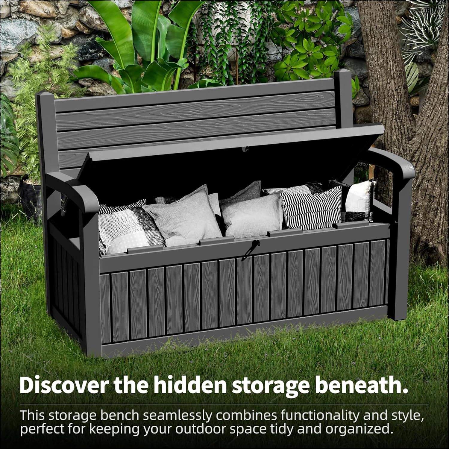 80 Gallon Outdoor Storage Bench Deck Box Waterproof Lockable, Outdoor Storage Furniture for Patio, Garden and Porch, Tools and Cushions