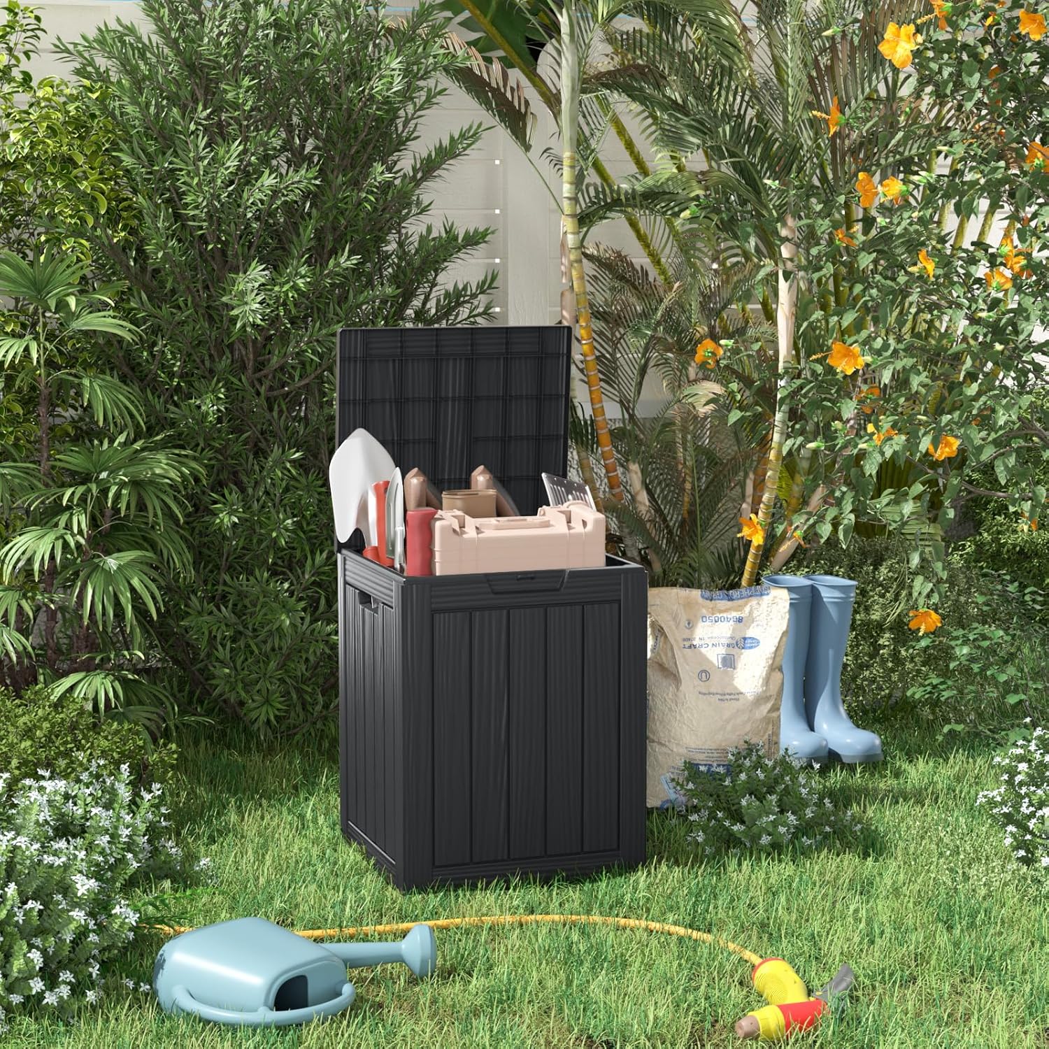 28 Gallon Resin Deck Box, Lockable Patio Outdoor Storage Box for Furniture, Garden Tools and Tools Storage