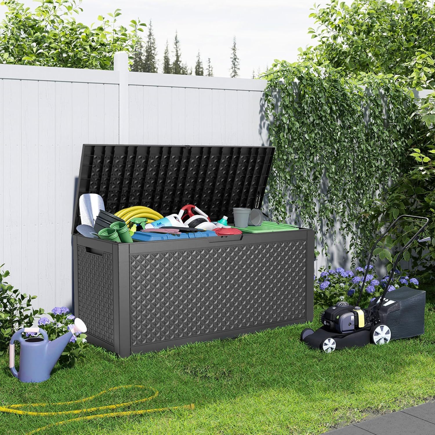 100 Gallon Resin Deck Box Outdoor Storage Box with Lockable Lid, Waterproof for Patio Cushions