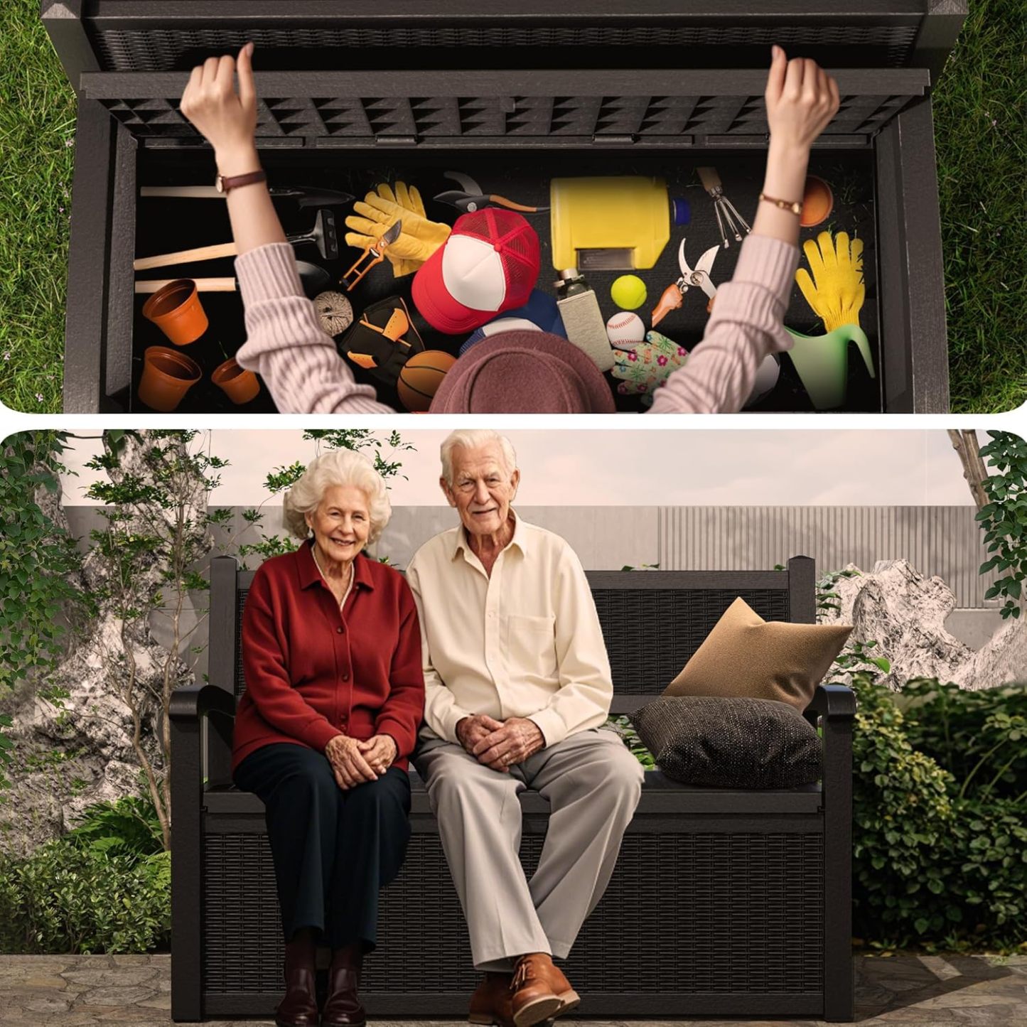 80 Gallon Outdoor Storage Bench Deck Box Waterproof Lockable, Outdoor Storage Furniture for Patio, Garden and Porch, Tools and Cushions