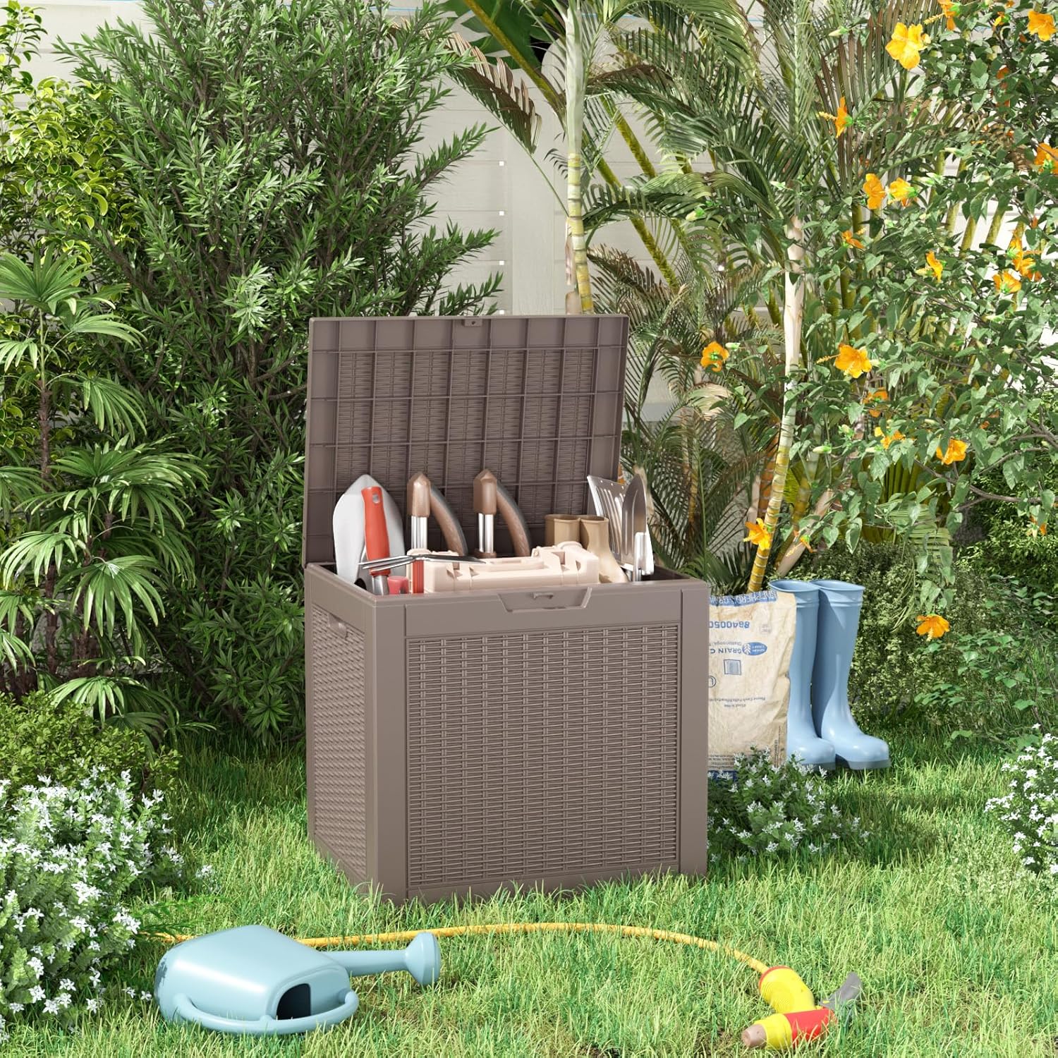 30 Gallon Resin Deck Box, Lockable Patio Outdoor Storage Box for Furniture, Garden Tools and Tools Storage, Waterproof Outside Storage Boxes