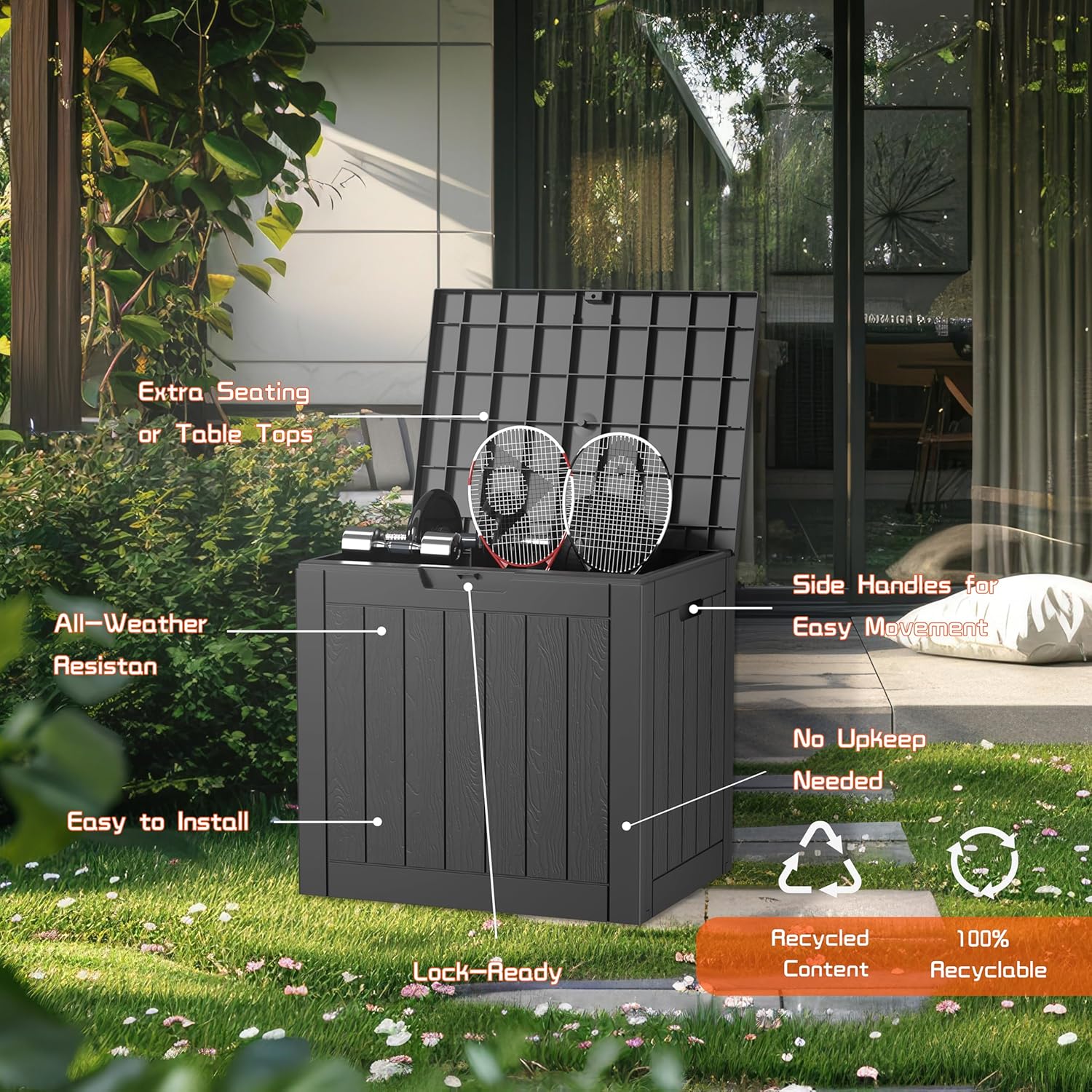 Outside Resin Deck Box Lockable for Patio Cushions Storage, Garden Tools, Pool Supplies