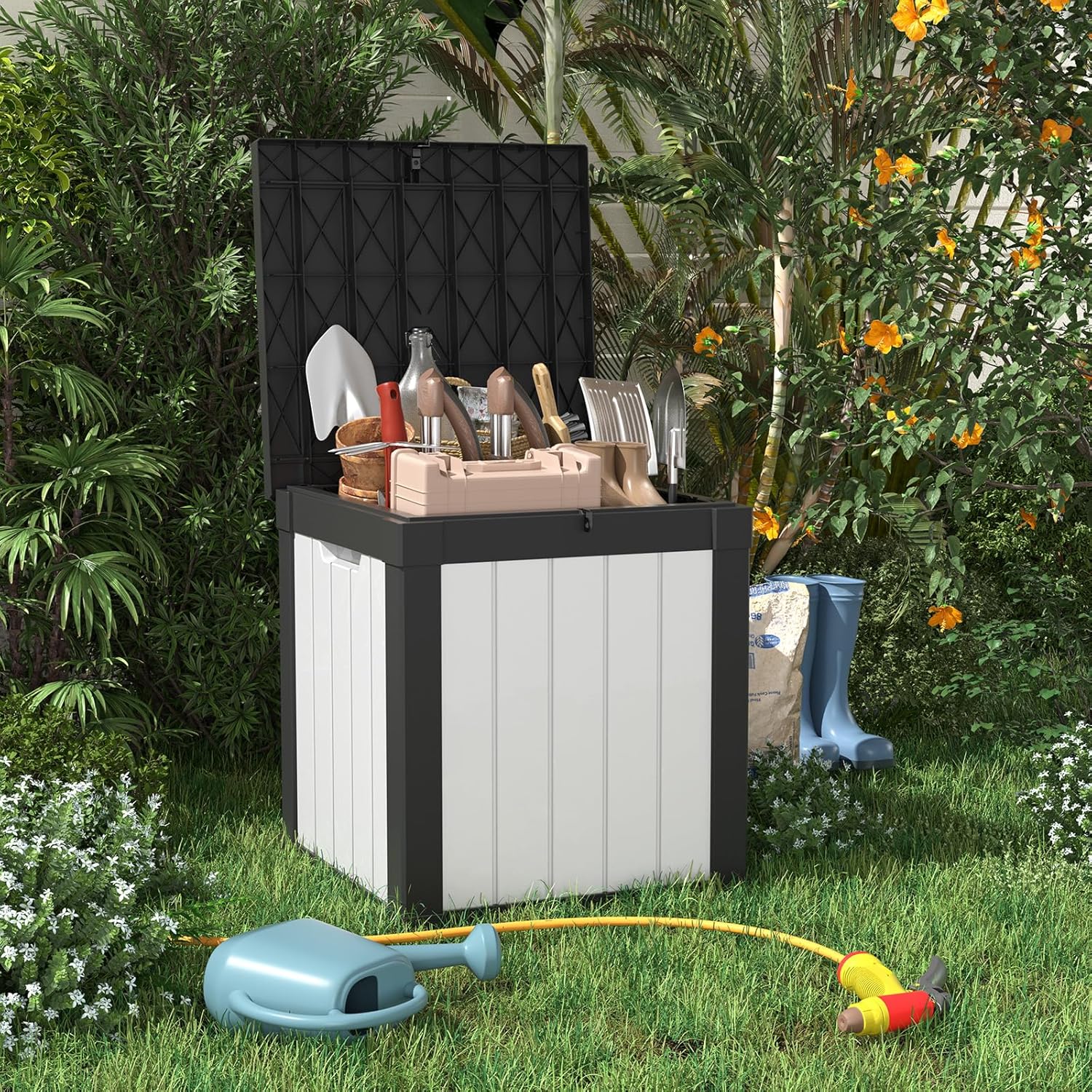 40 Gallon Resin Deck Box, Lockable Patio Outdoor Storage Box for Furniture, Garden Tools and Tools Storage, Waterproof Outside Storage Boxes