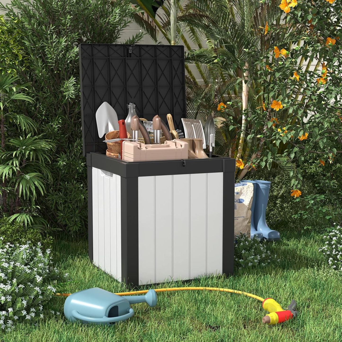 40 Gallon Resin Deck Box, Lockable Patio Outdoor Storage Box for Furniture, Garden Tools and Tools Storage, Waterproof Outside Storage Boxes