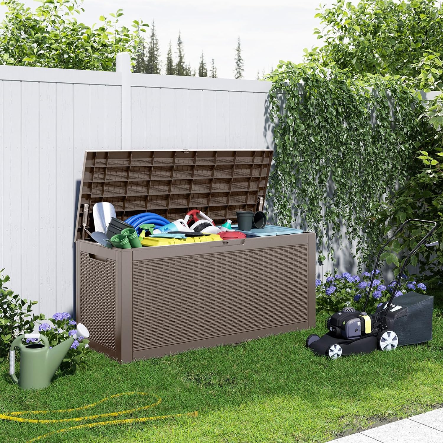 120 Gallon Resin Deck Box, Lockable Patio Outdoor Storage Box for Furniture, Garden Tools and Tools Storage, Waterproof Outside Storage Boxes