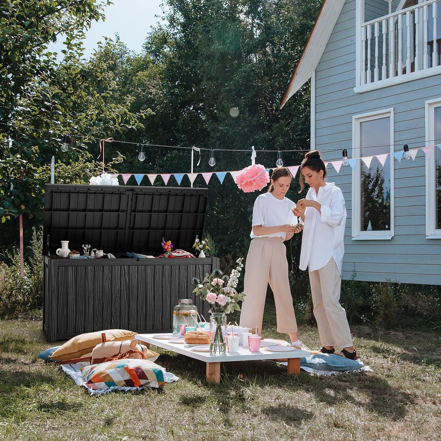 180 Gallon Resin Deck Box Outdoor Storage Box with Lockable Lid, Waterproof for Patio Cushions