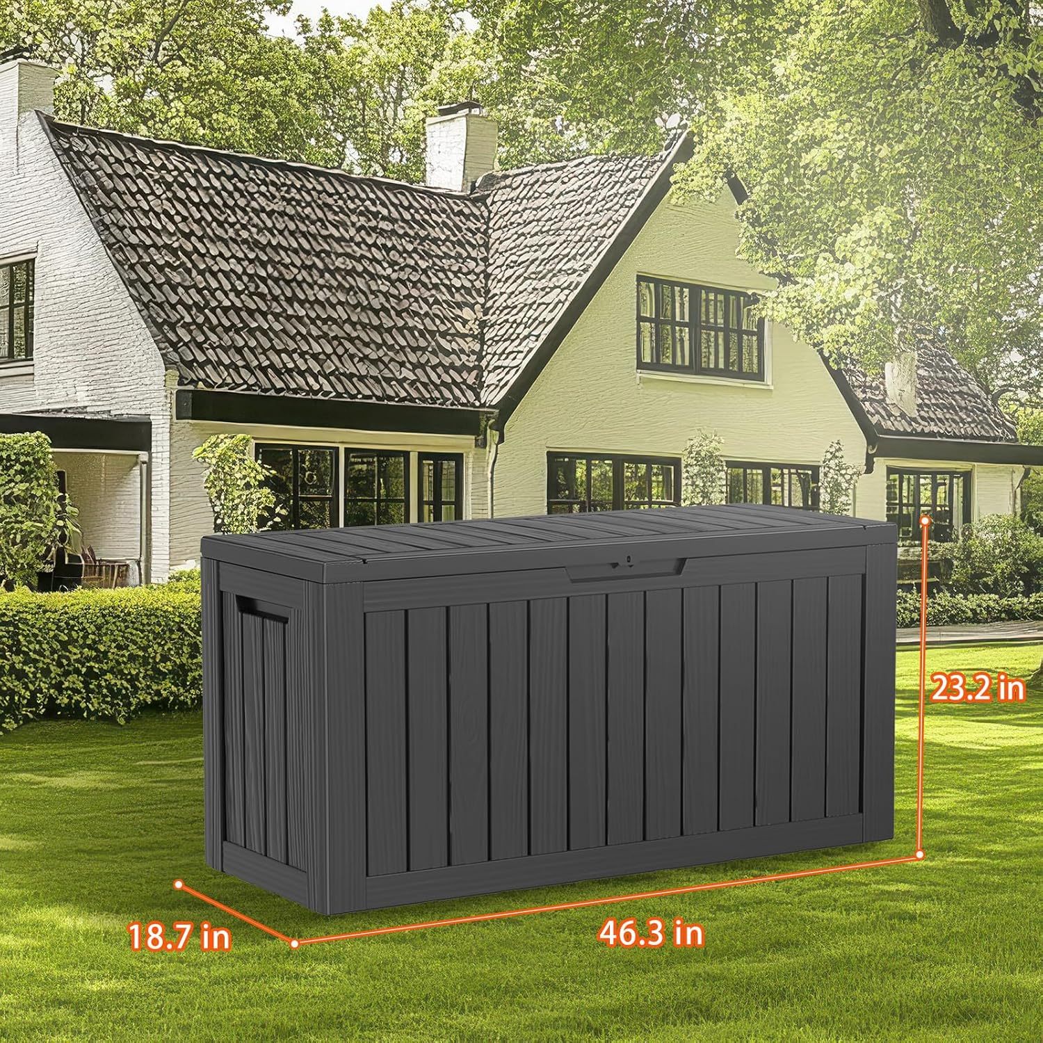 90 Gallon Resin Deck Box, Lockable Patio Outdoor Storage Box for Furniture, Garden Tools and Tools Storage, Waterproof Outside Storage Boxes