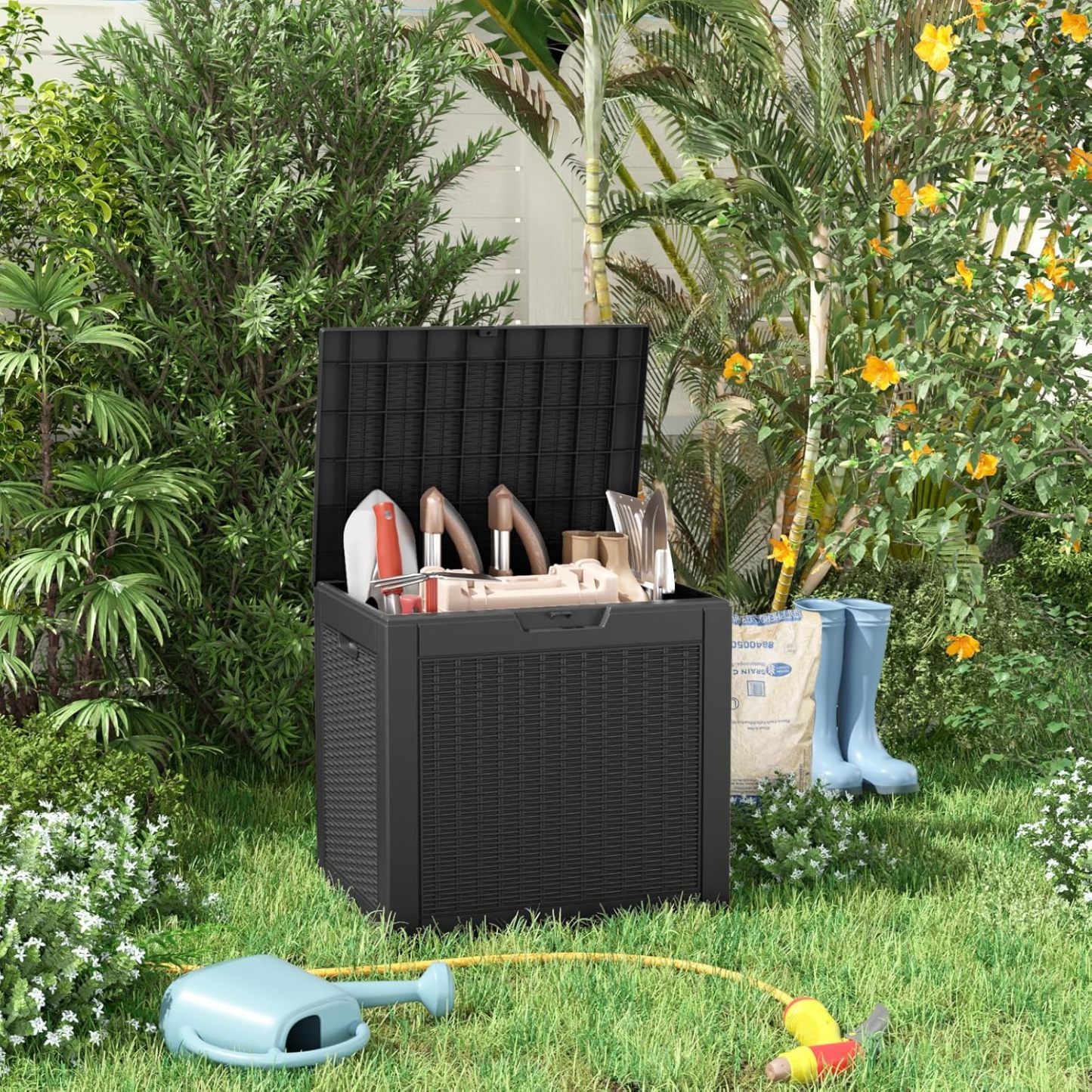 30 Gallon Resin Deck Box, Lockable Patio Outdoor Storage Box for Furniture, Garden Tools and Tools Storage, Waterproof Outside Storage Boxes