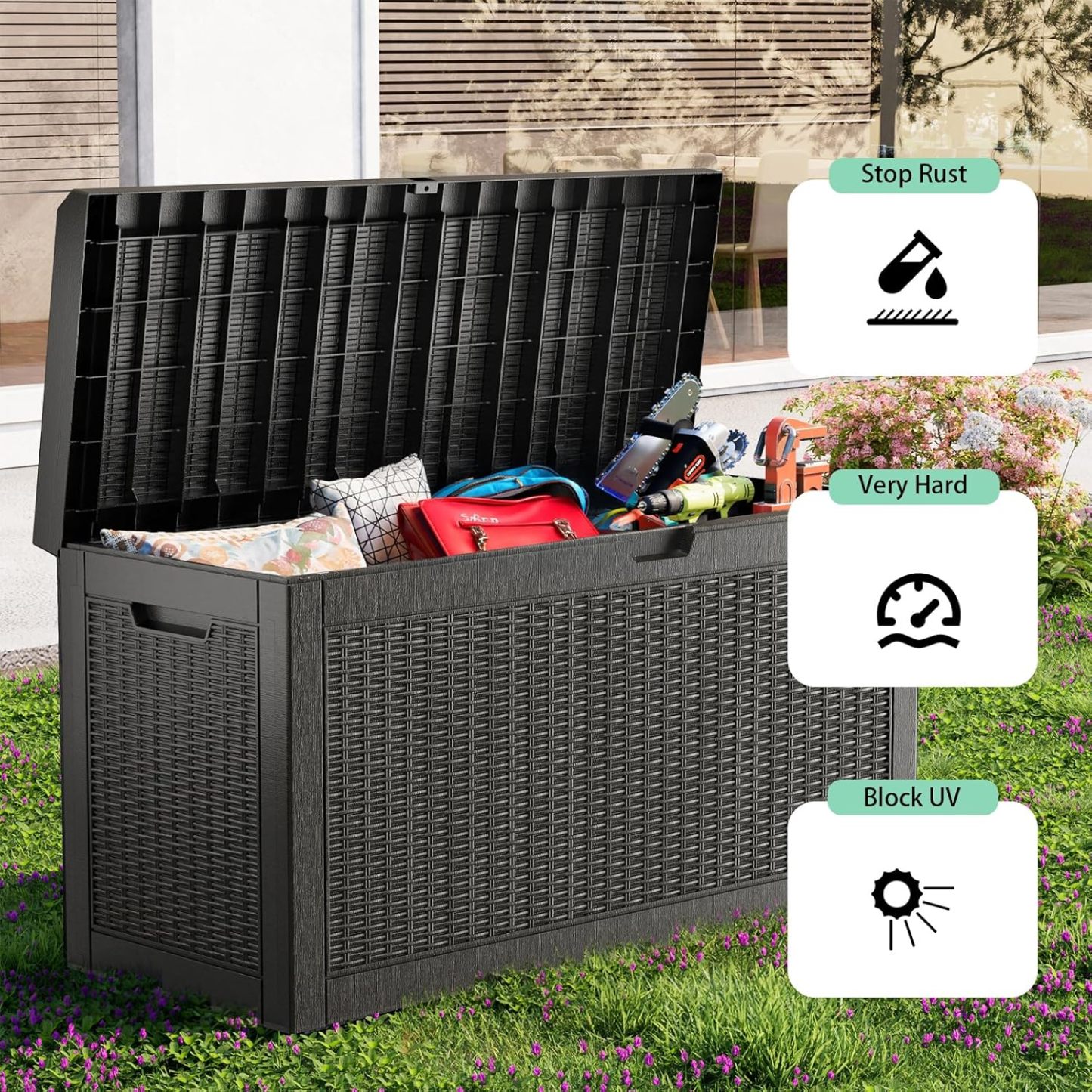 Outside Resin Deck Box Lockable for Patio Cushions Storage, Garden Tools, Pool Supplies