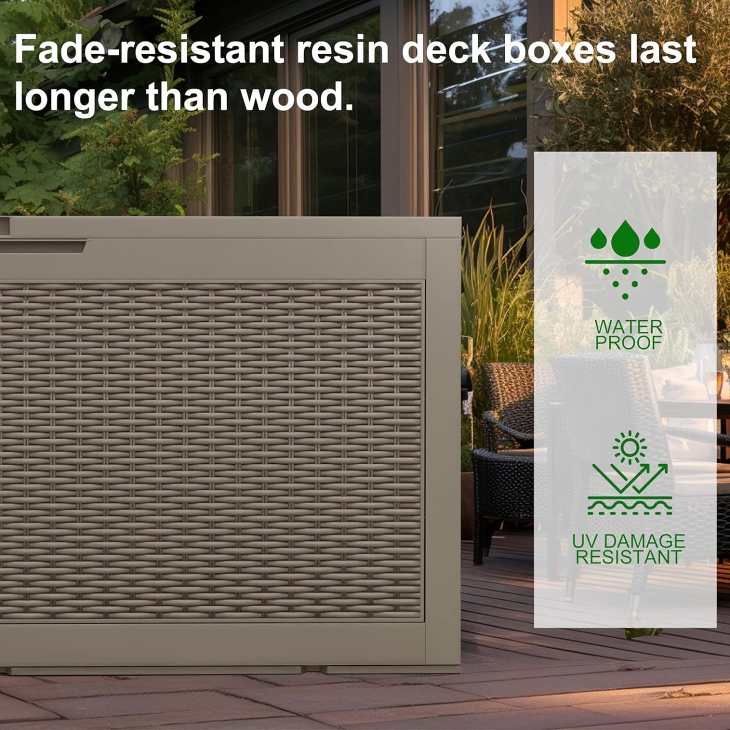 100 Gallon Resin Deck Box Outdoor Storage Box with Lockable Lid, Waterproof for Patio Cushions, Gardening Tools & Sports Equipment