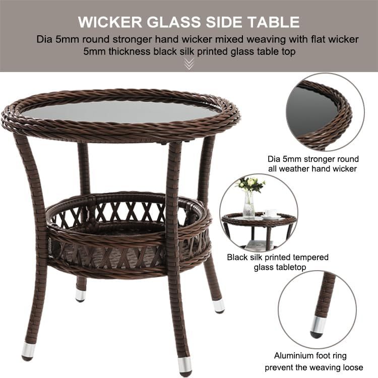 Outdoor Side Table Patio Wicker Coffee Table Outdoor End Table Rattan Bistro Table with Storage & Black Glass Table Top