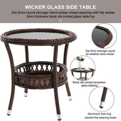 Outdoor Side Table Patio Wicker Coffee Table Outdoor End Table Rattan Bistro Table with Storage & Black Glass Table Top