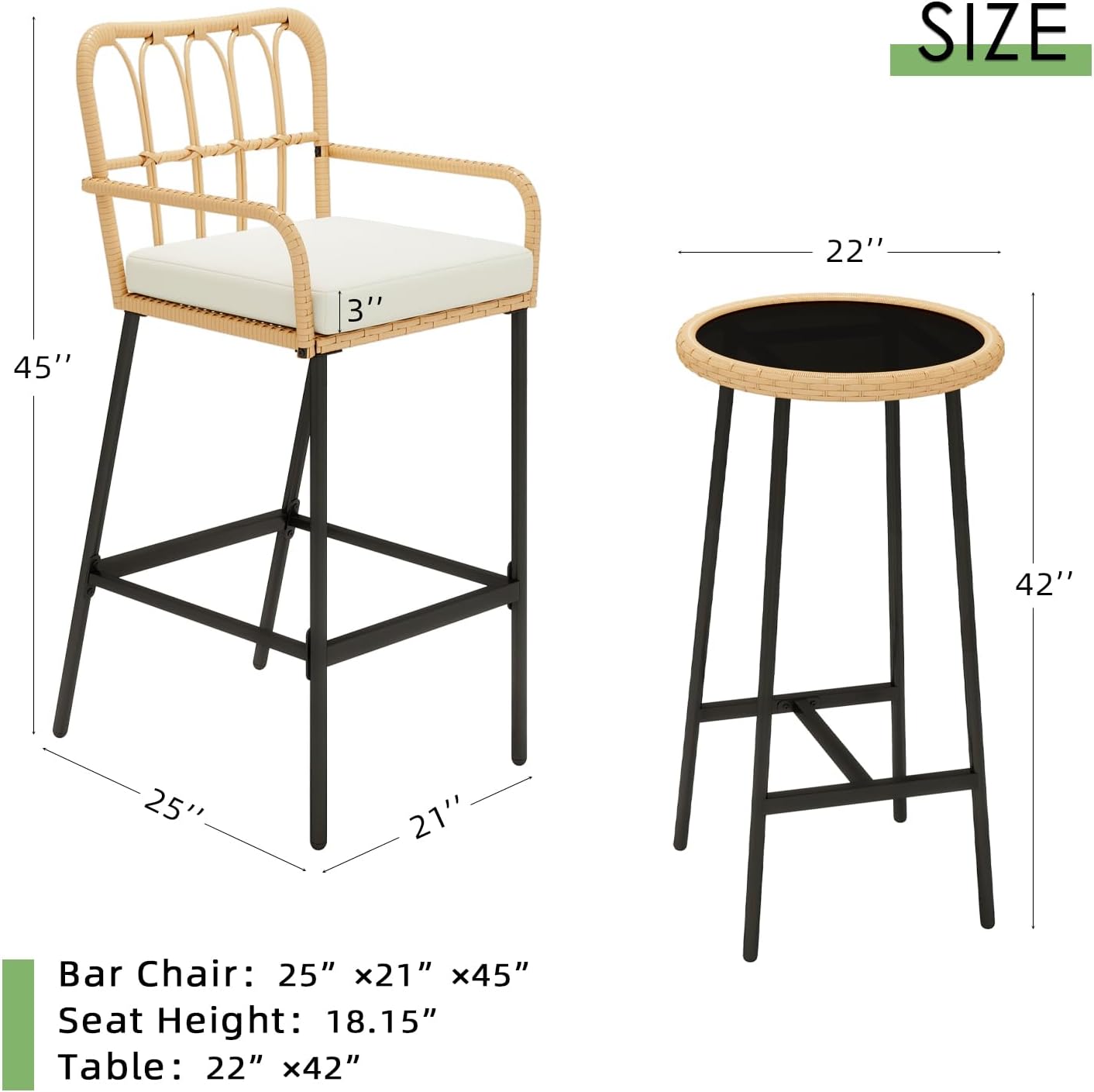 3 Pieces Patio Bar Table Set, Outdoor Wicker Bar, All Weather Height Bar Stools and Table Set, for Garden, Deck
