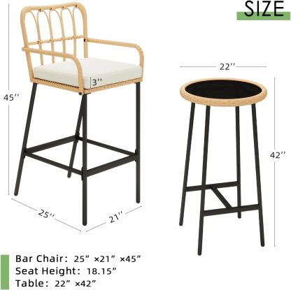 3 Pieces Patio Bar Table Set, Outdoor Wicker Bar, All Weather Height Bar Stools and Table Set, for Garden, Deck