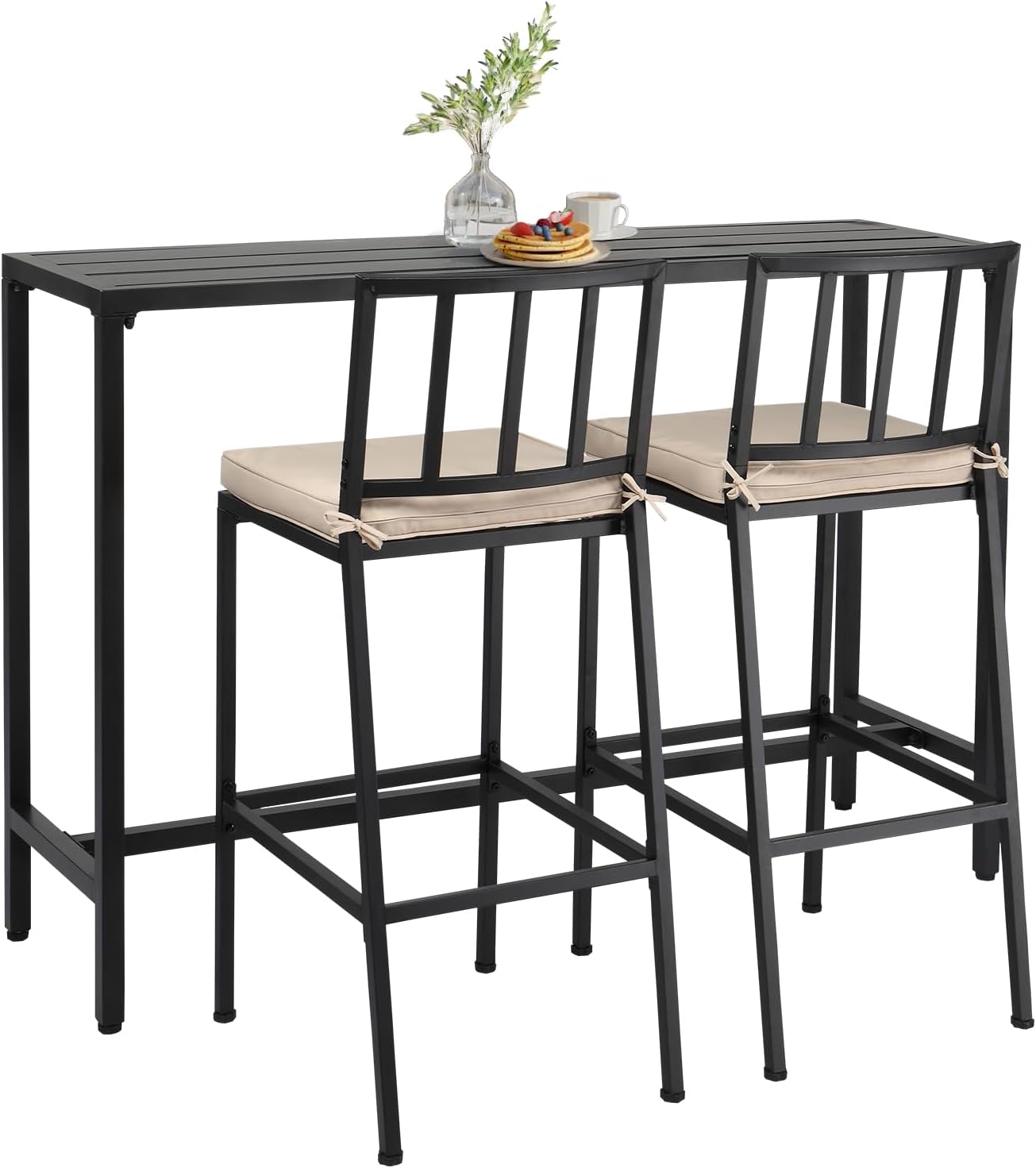 3 Piece Outdoor Patio Bar Set, 55" Pub Height High Top Bar Table & 2 Cushioned Bar Stools