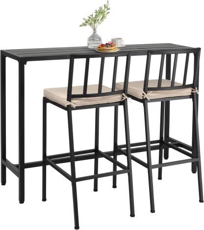 3 Piece Outdoor Patio Bar Set, 55" Pub Height High Top Bar Table & 2 Cushioned Bar Stools