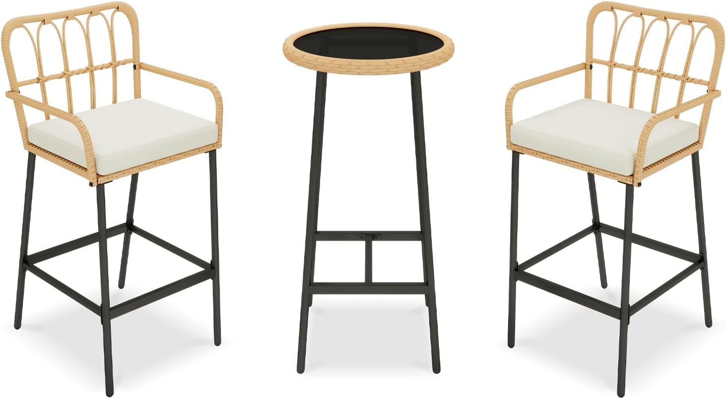 3 Pieces Patio Bar Table Set, Outdoor Wicker Bar, All Weather Height Bar Stools and Table Set, for Garden, Deck